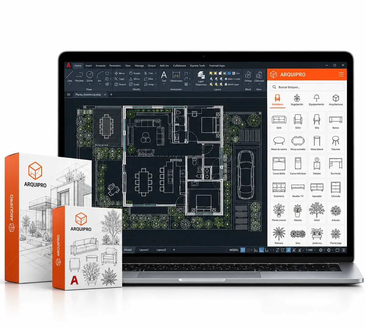 Mockup enviado pelo criador da ArquiPro: notebook com biblioteca de blocos ao lado de uma planta no AutoCAD