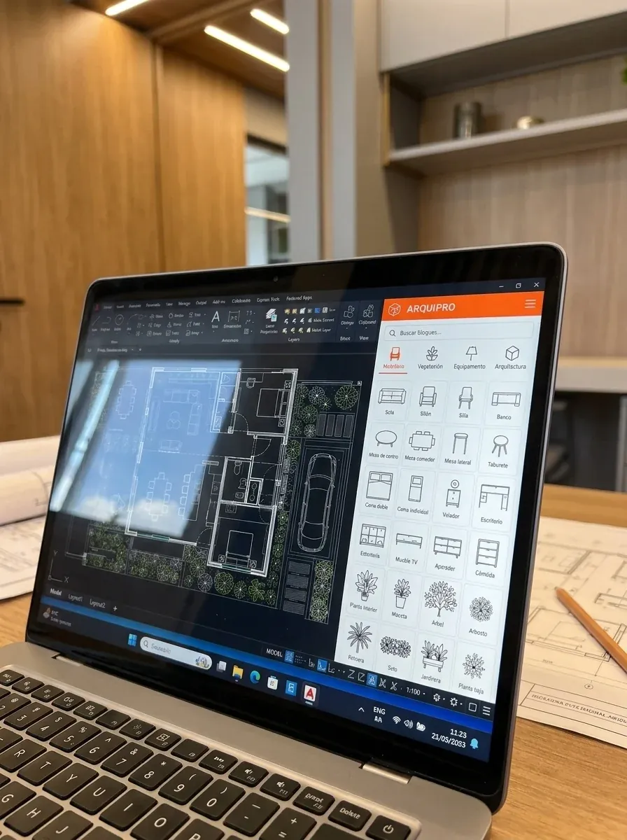 Biblioteca ArquiPro aberta ao lado de uma planta no notebook
