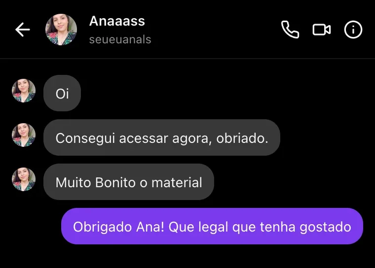 Conversa no Instagram com Ana sobre o acesso ao material