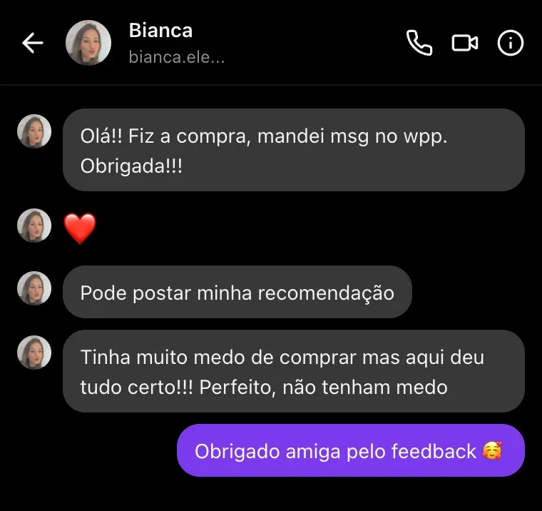 Conversa no Instagram com Bianca sobre a compra e recomendação