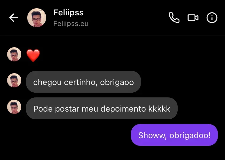 Conversa no Instagram com Felipss sobre o recebimento do material
